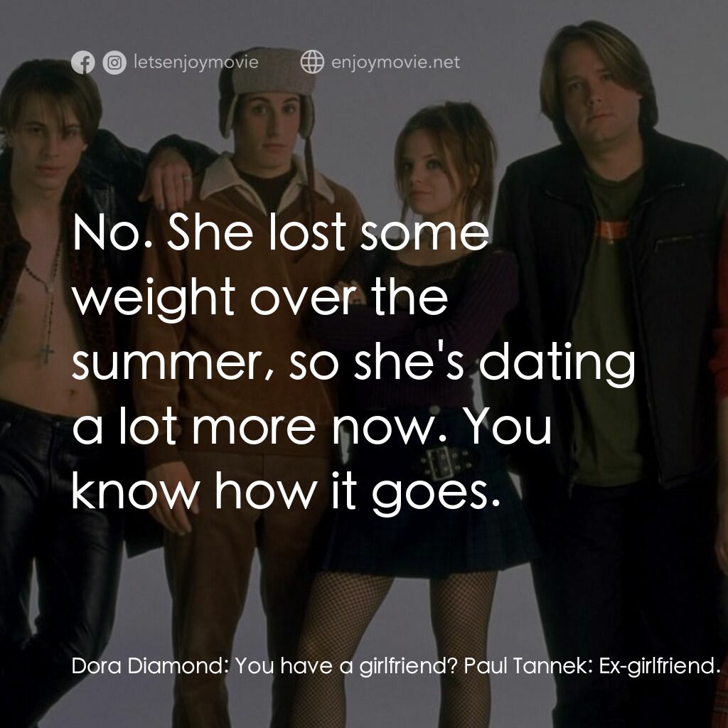 呆瓜向前衝電影對白：Dora Diamond:  You have a girlfriend? Paul Tannek:  Ex-girlfriend. We dated in hi