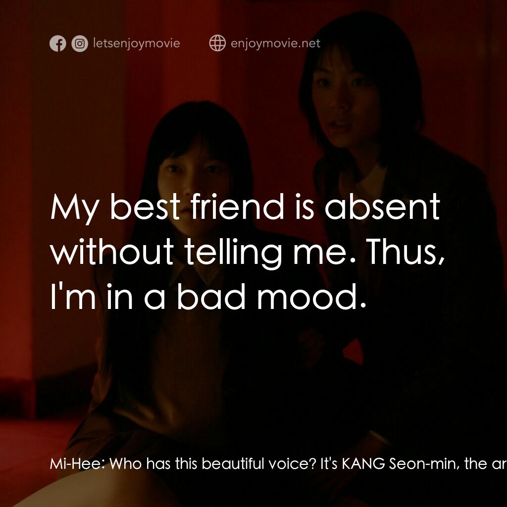 女高怪談4：陰聲電影對白：Mi-Hee:  Who has this beautiful voice? It's KANG Seon-min, the announcer! Seon-mi