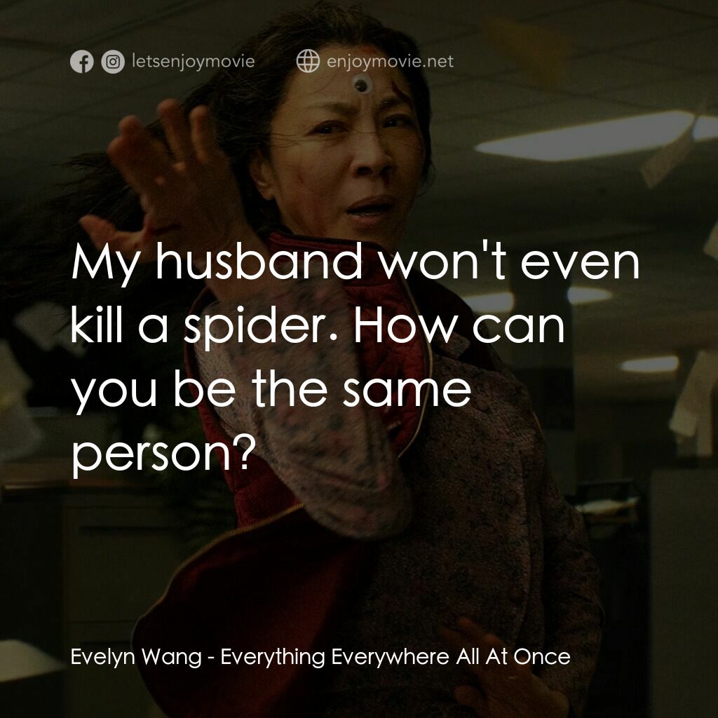 媽的多重宇宙電影對白：Evelyn Wang:  My husband won't even kill a spider. How can you be the same person