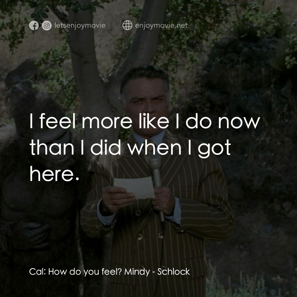 便宜貨電影對白：Cal:  How do you feel? Mindy:  I feel more like I do now than I did when I got he