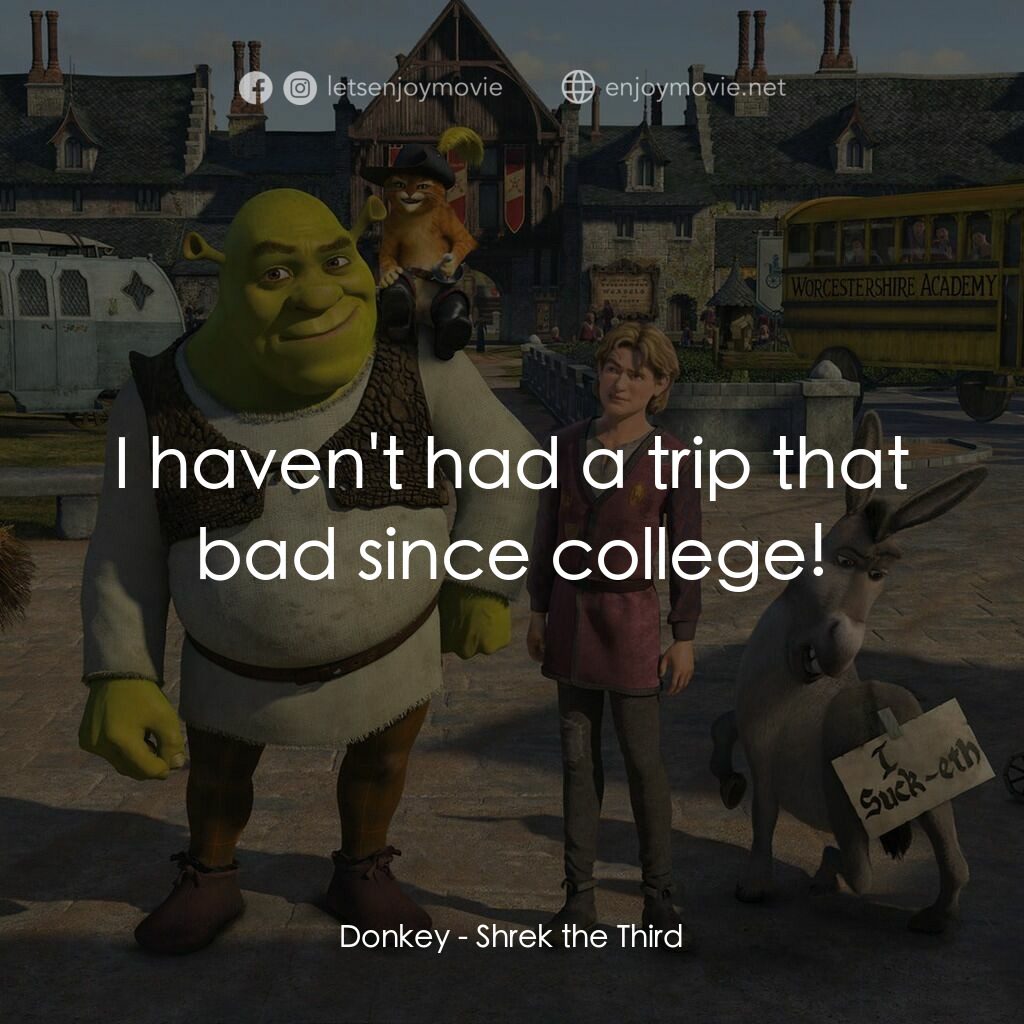 史力加3電影對白：Donkey:  I haven't had a trip that bad since college!