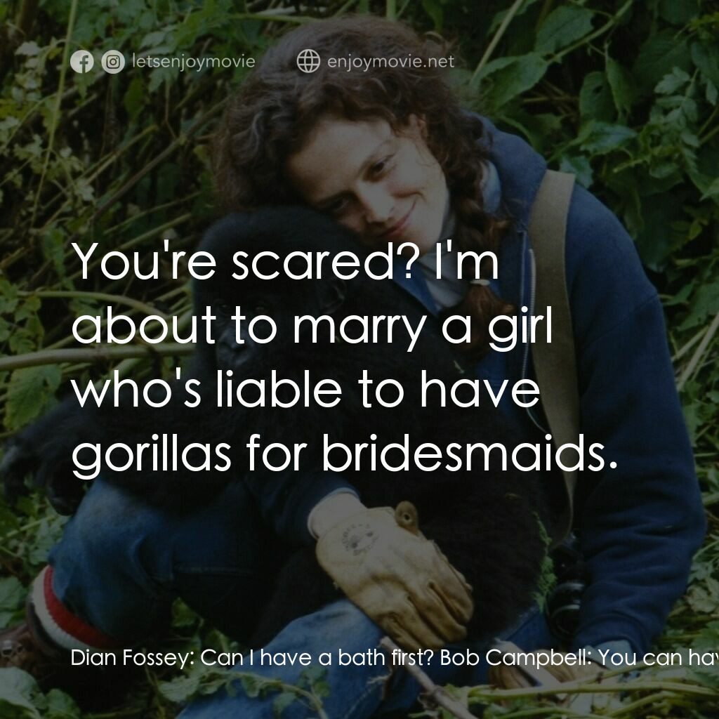 迷霧森林十八年電影對白：Dian Fossey:  Can I have a bath first? Bob Campbell:  You can have a bath second.