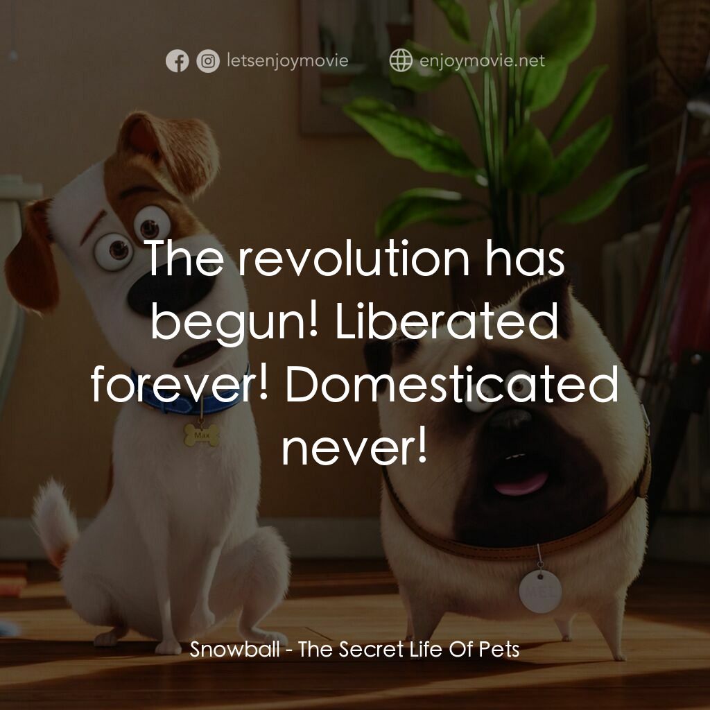 寵物當家電影對白：Snowball:  The revolution has begun! Liberated forever! Domesticated never!