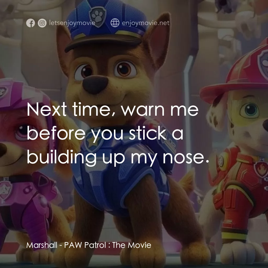 汪汪隊立大功大電影電影對白：Marshall: Next time, warn me before you stick a building up my nose.