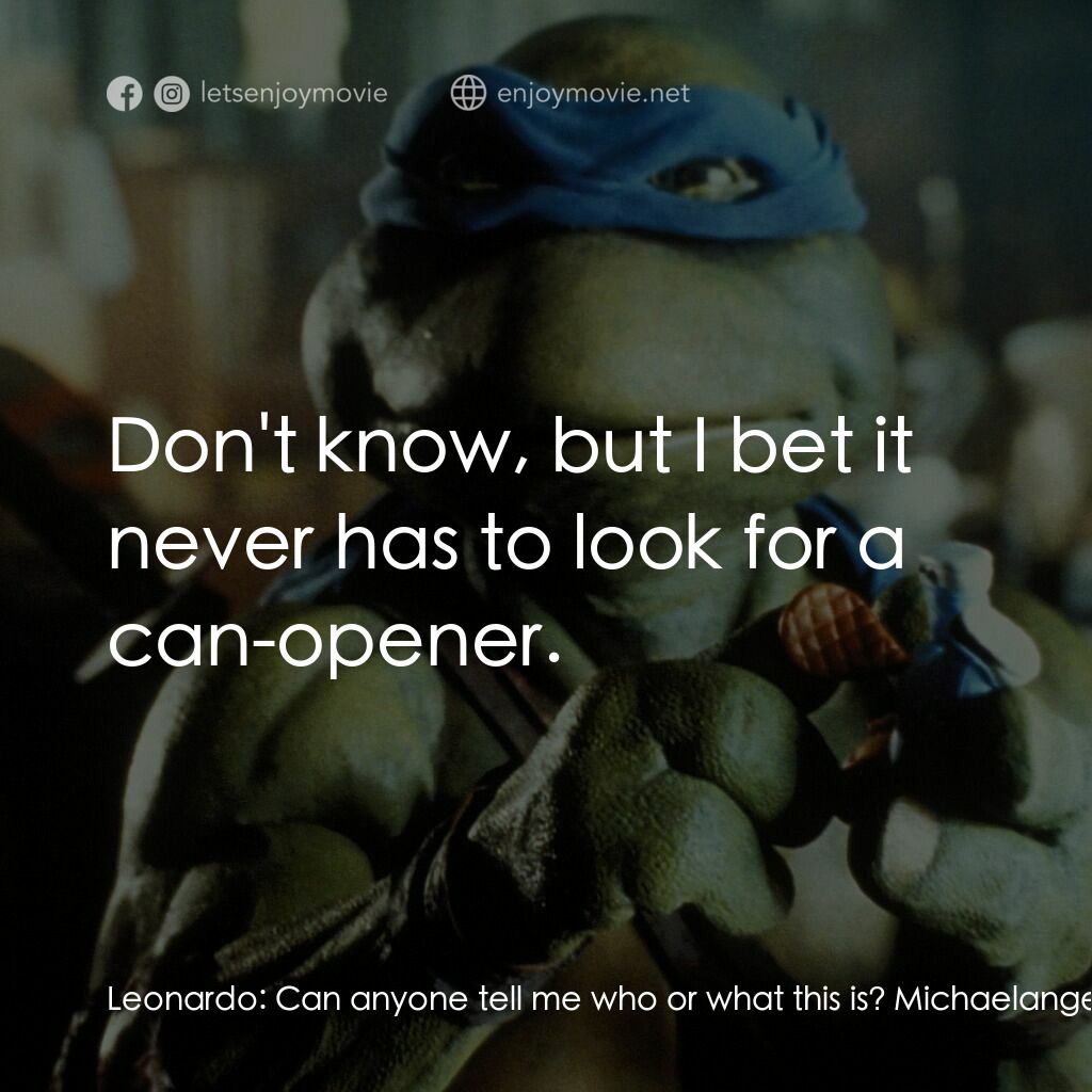 忍者龜電影對白：Leonardo:  Can anyone tell me who or what this is? Michaelangelo:  Don't know, bu