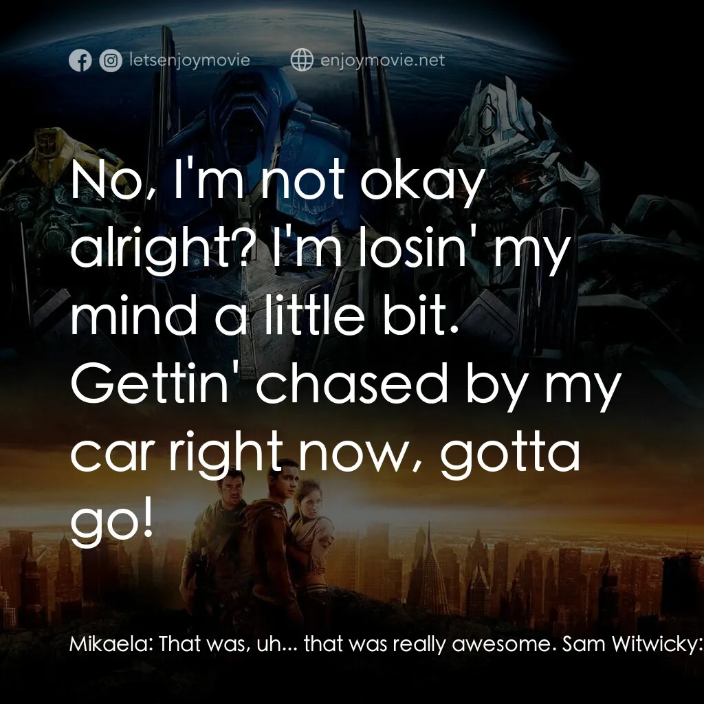 變形金剛電影對白：Mikaela:  That was, uh... that was really awesome. Sam Witwicky:  Felt awesome. M