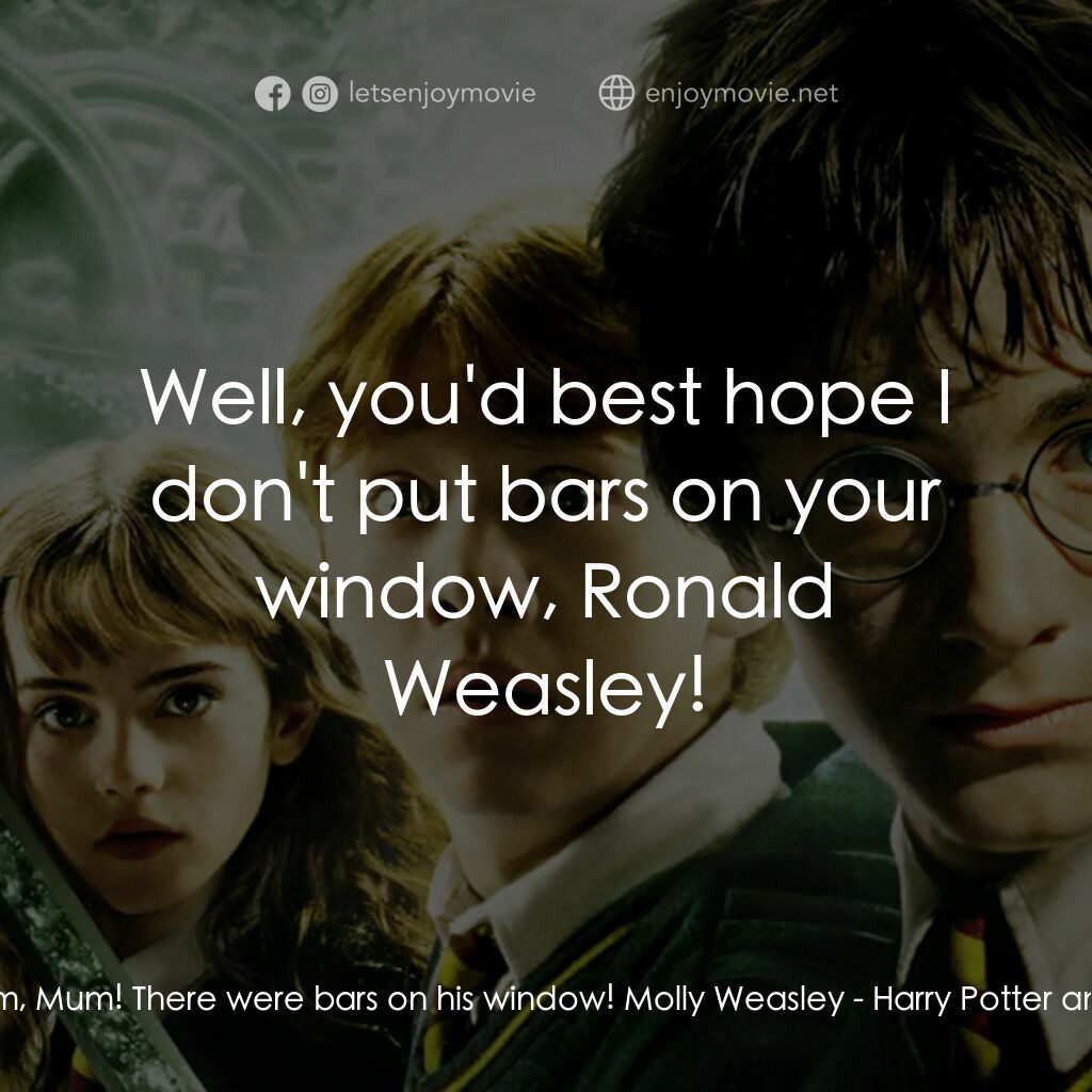 哈利波特：消失的密室電影對白：Ron:  They were starving him, Mum! There were bars on his window! Molly Weasley: 