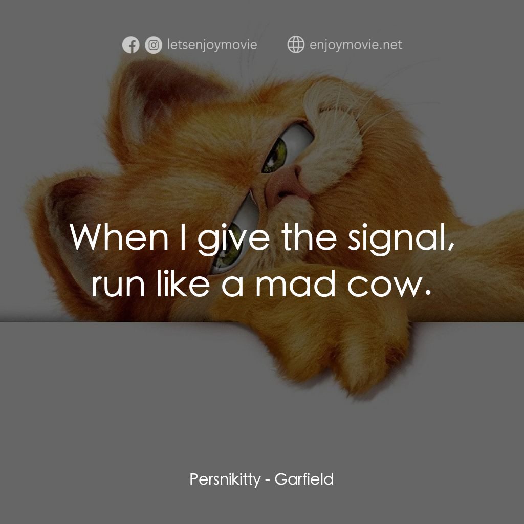 加菲貓電影對白：Persnikitty: When I give the signal, run like a mad cow.