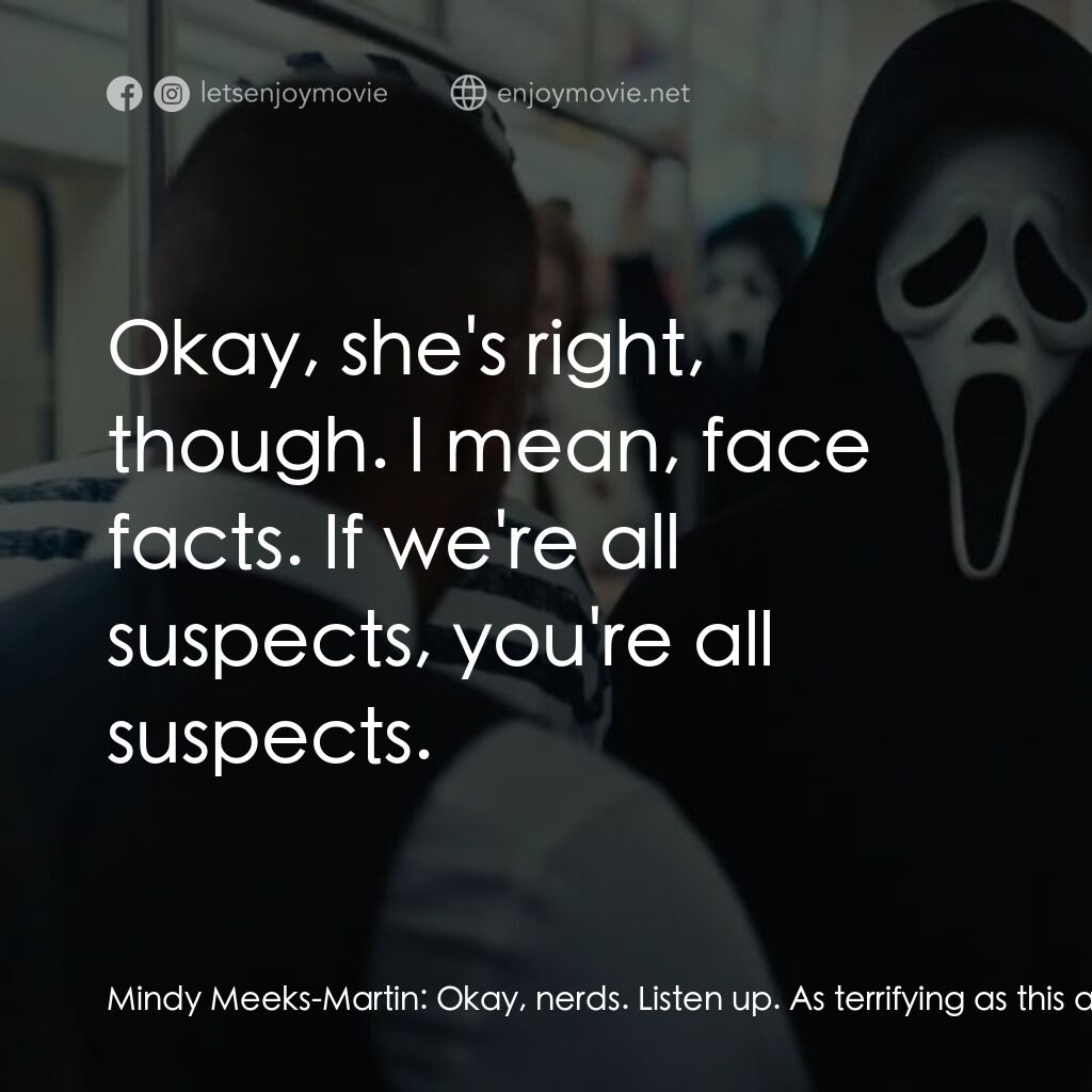 奪命狂呼 6電影對白：Mindy Meeks-Martin:  Okay, nerds. Listen up. As terrifying as this all is, I'm ac