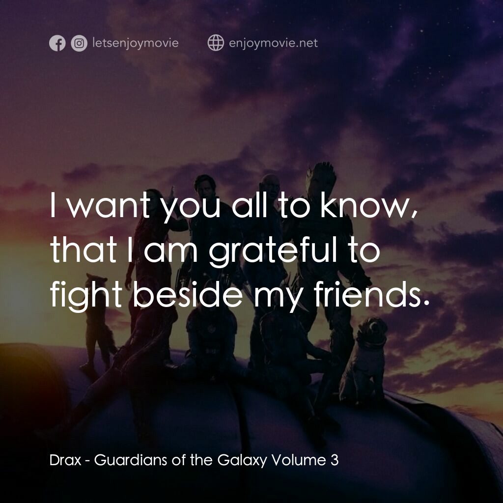 銀河守護隊 3電影對白：Drax: I want you all to know, that I am grateful to fight beside my friends.