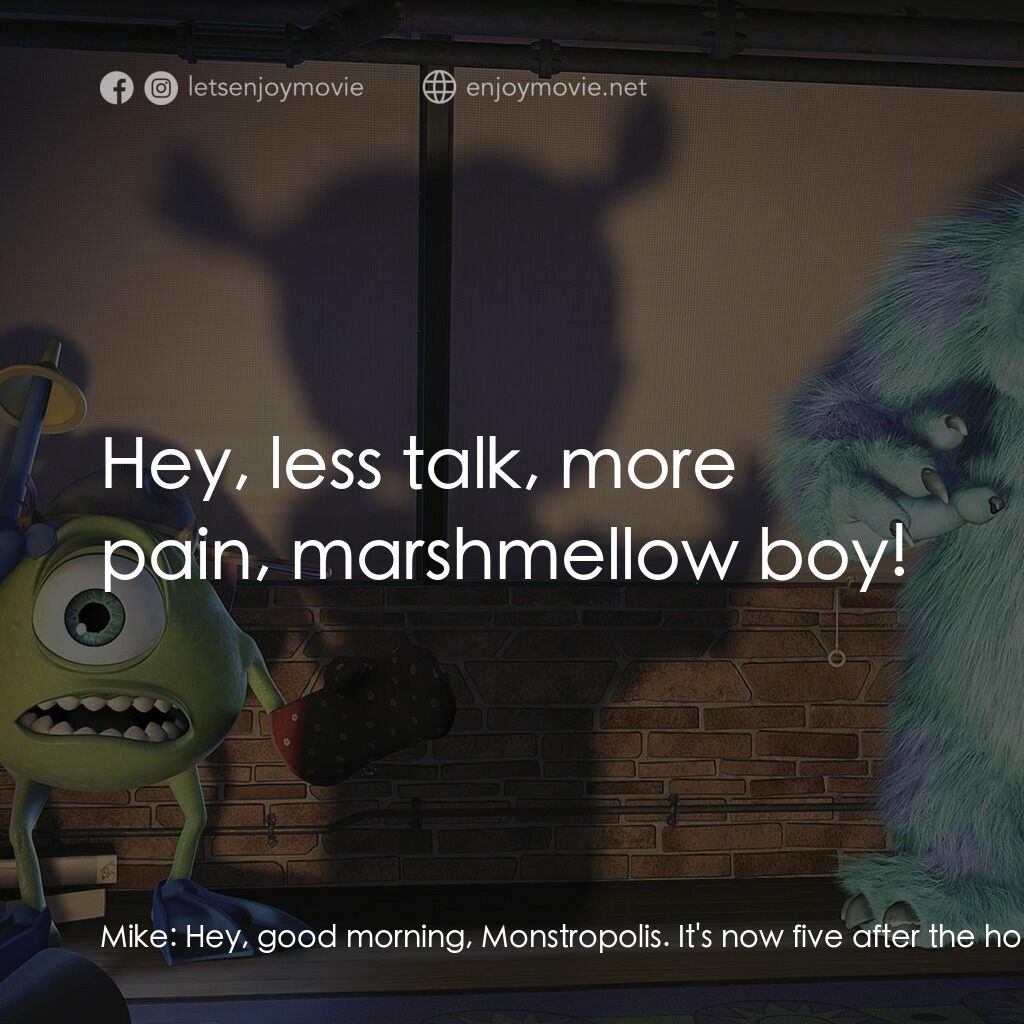 怪獸公司電影對白：Mike:  Hey, good morning, Monstropolis. It's now five after the hour of 6: 00 A.M