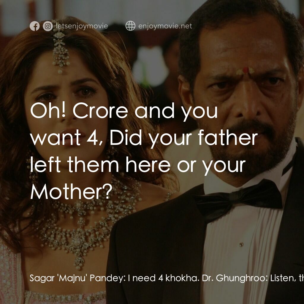 我女神來自黑幫電影對白：Sagar 'Majnu' Pandey:  I need 4 khokha. Dr. Ghunghroo:  Listen, this is boutique 