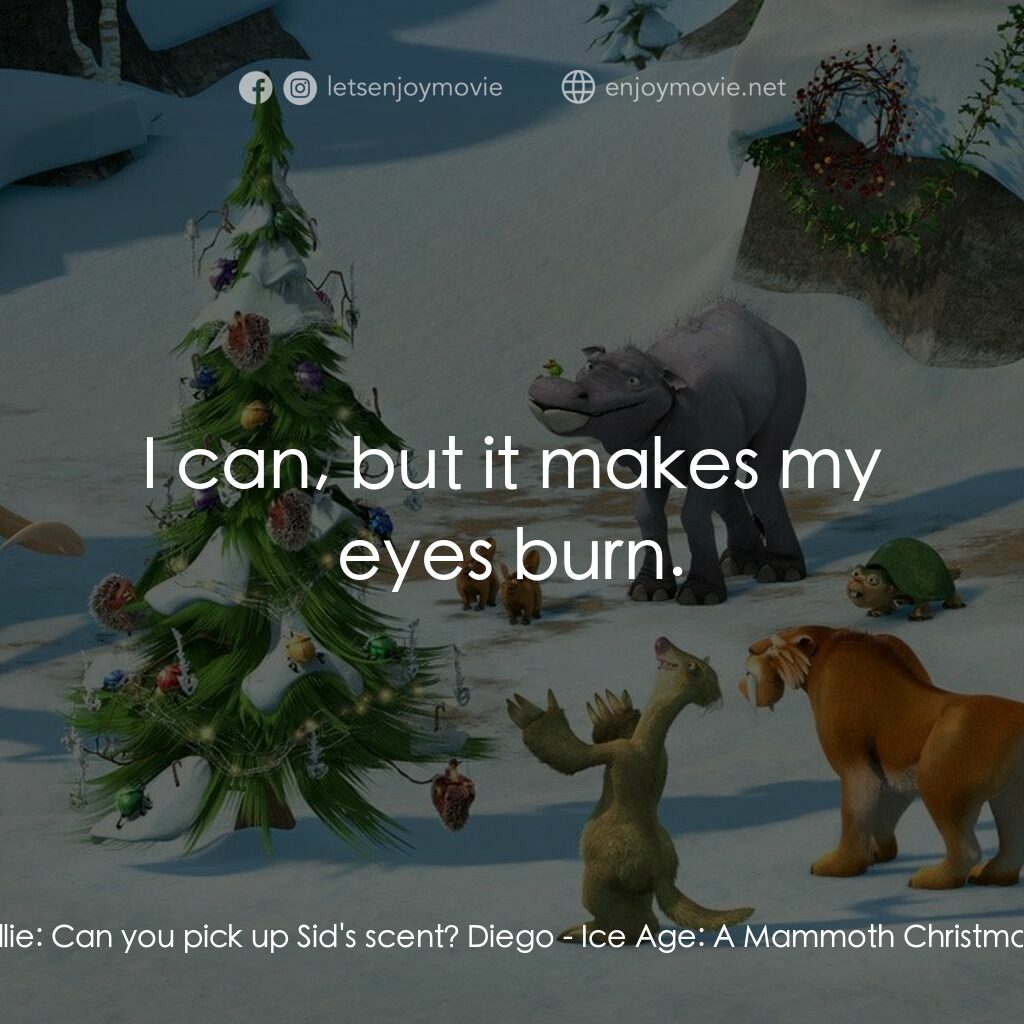 冰河世紀玩大聖誕節電影對白：Ellie:  Can you pick up Sid's scent? Diego:  I can, but it makes my eyes burn.