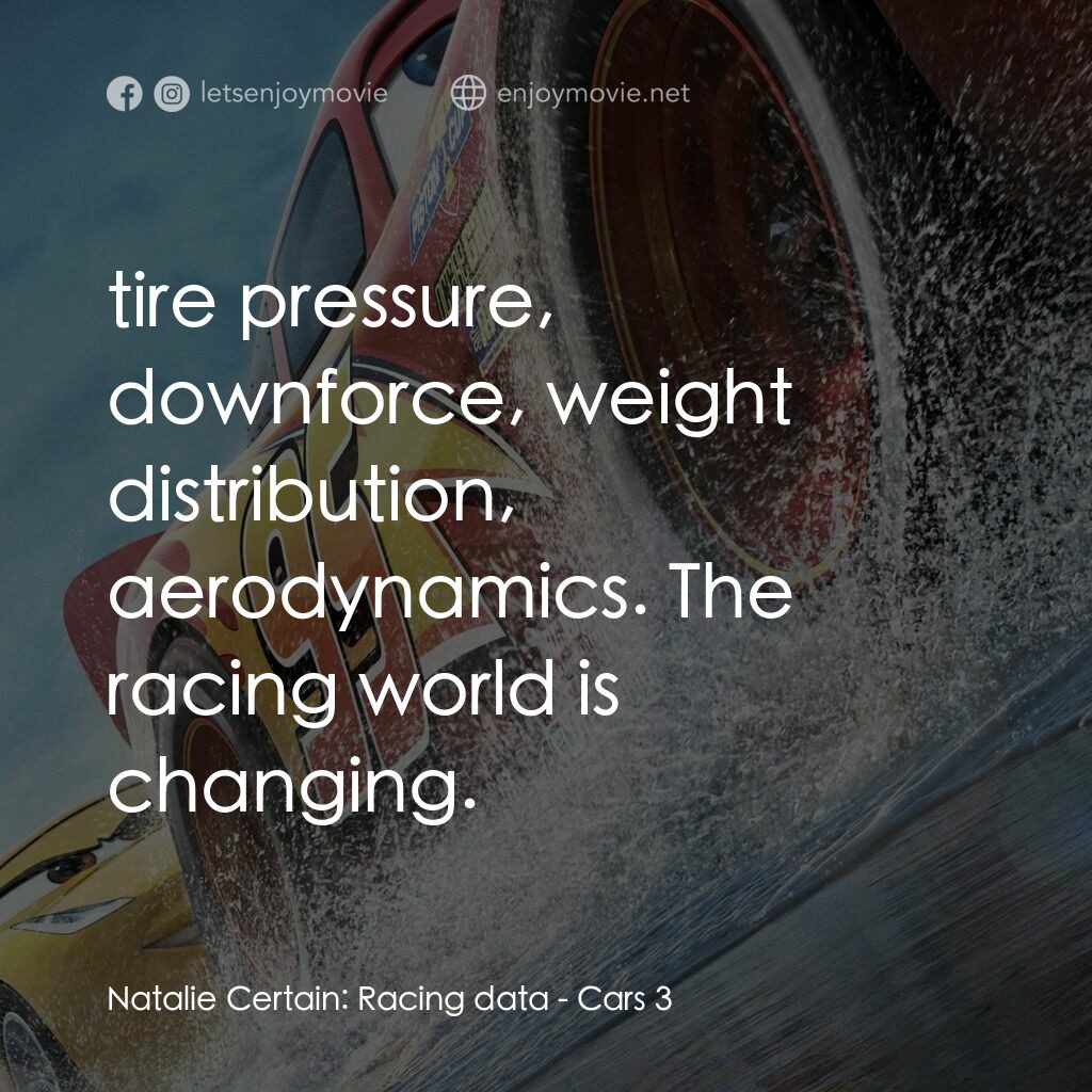 反斗車王3電影對白：Natalie Certain:  Racing data:  tire pressure, downforce, weight distribution, ae