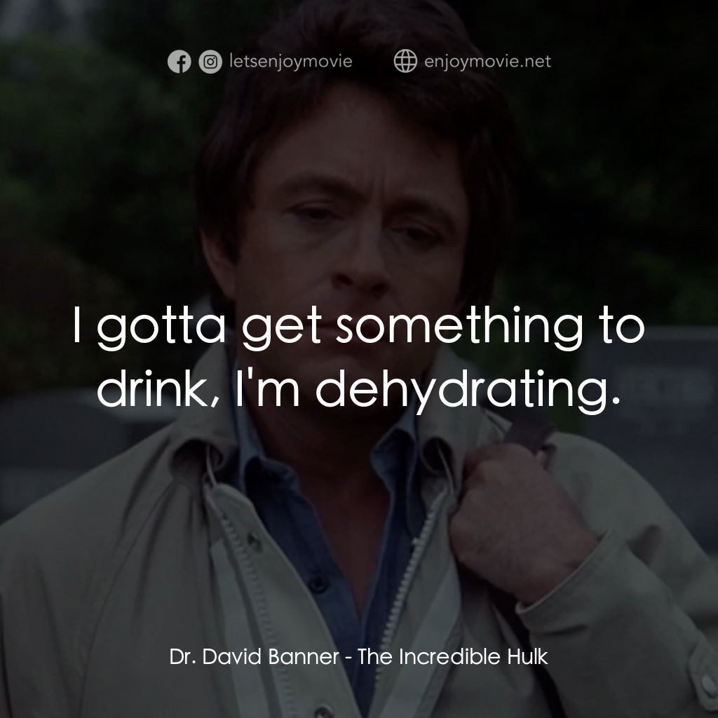 浩克：英雄將起電影對白：Dr. David Banner: I gotta get something to drink, I'm dehydrating.