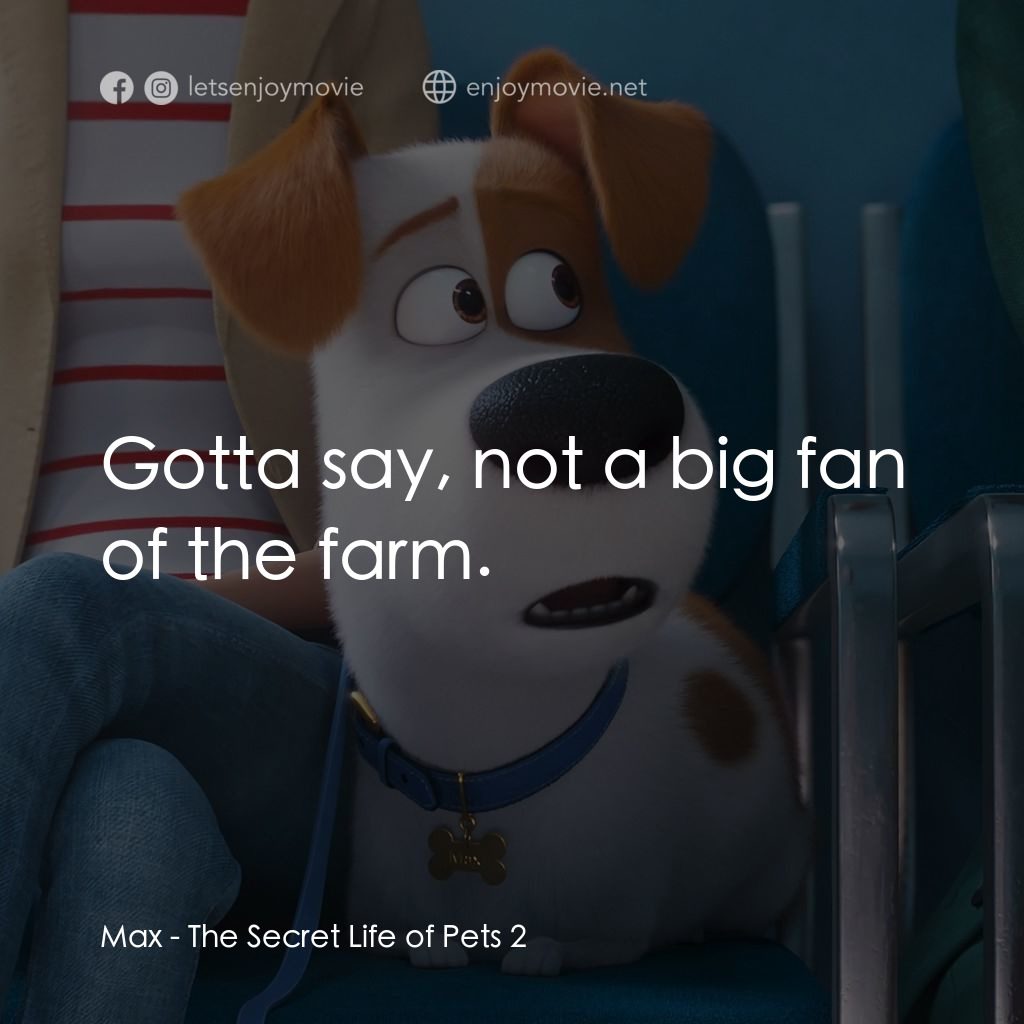 Pet Pet當家 2電影對白：Max: Gotta say, not a big fan of the farm.