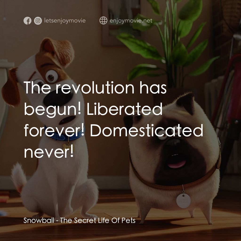 寵物當家電影對白：Snowball: The revolution has begun! Liberated forever! Domesticated never!