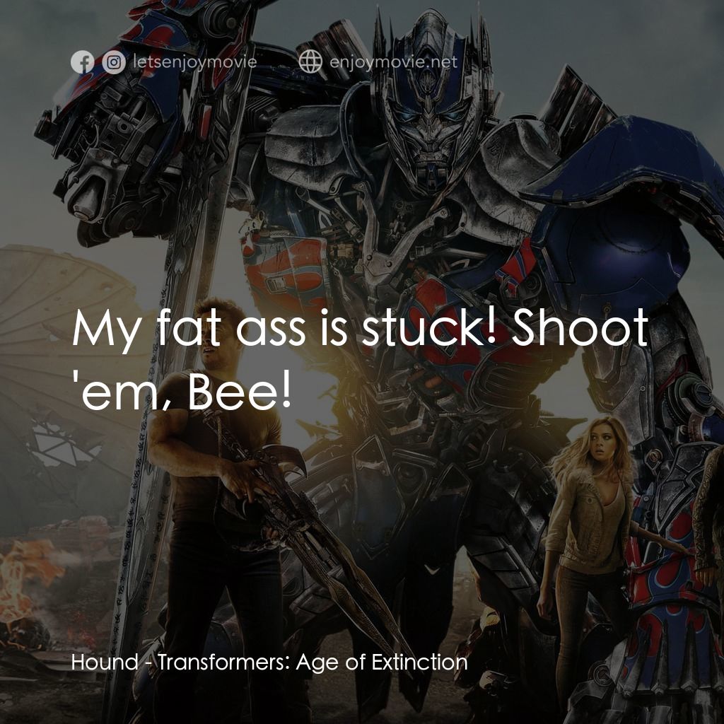 變形金剛：殲滅世紀電影對白：Hound: My fat ass is stuck! Shoot 'em, Bee!