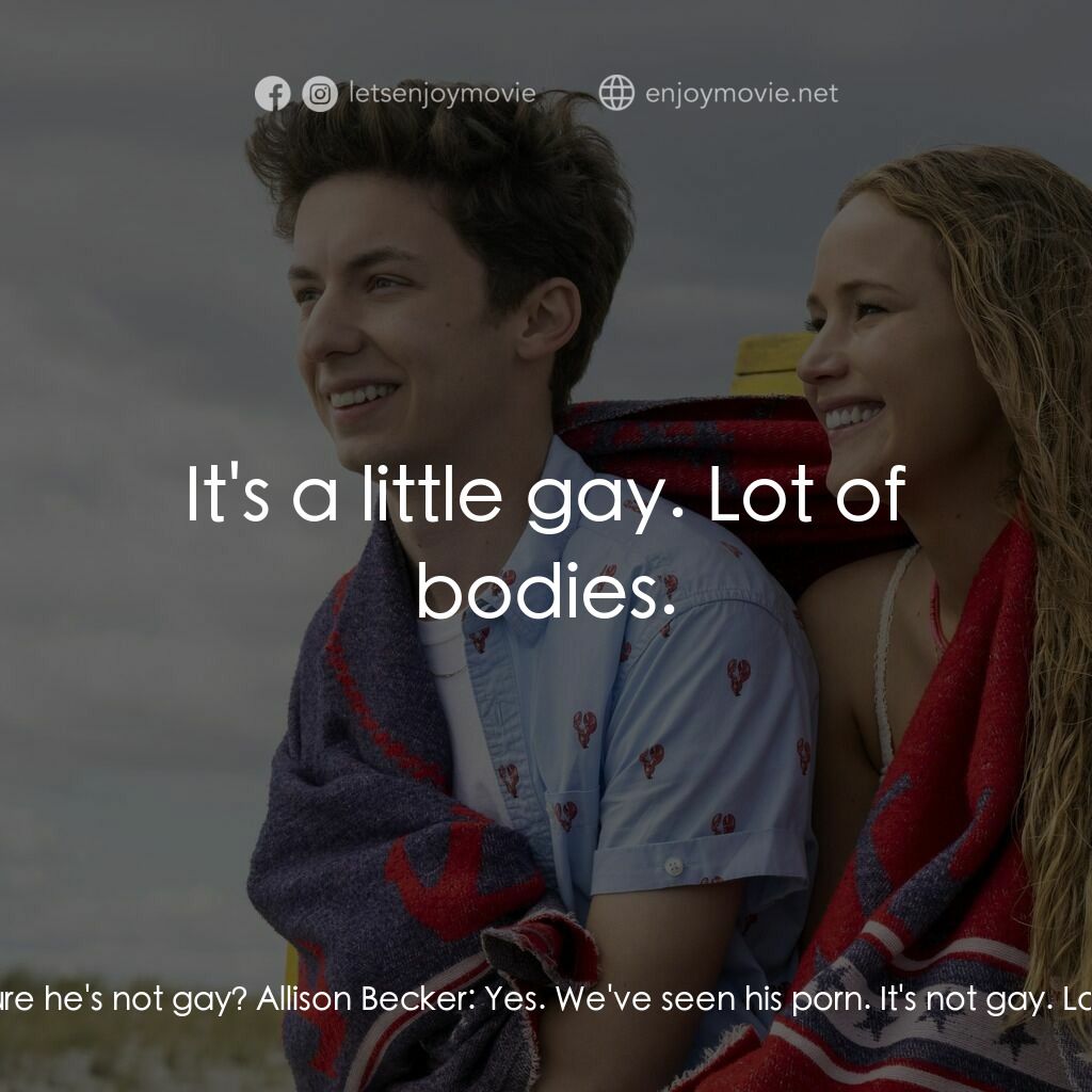 調教你處男電影對白：Maddie Barker:  And you're sure he's not gay? Allison Becker:  Yes. We've seen hi