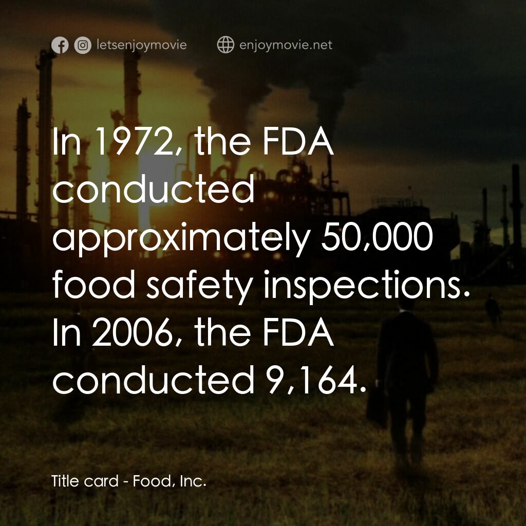 毒食難肥電影對白：Title card:  In 1972, the FDA conducted approximately 50,000 food safety inspecti