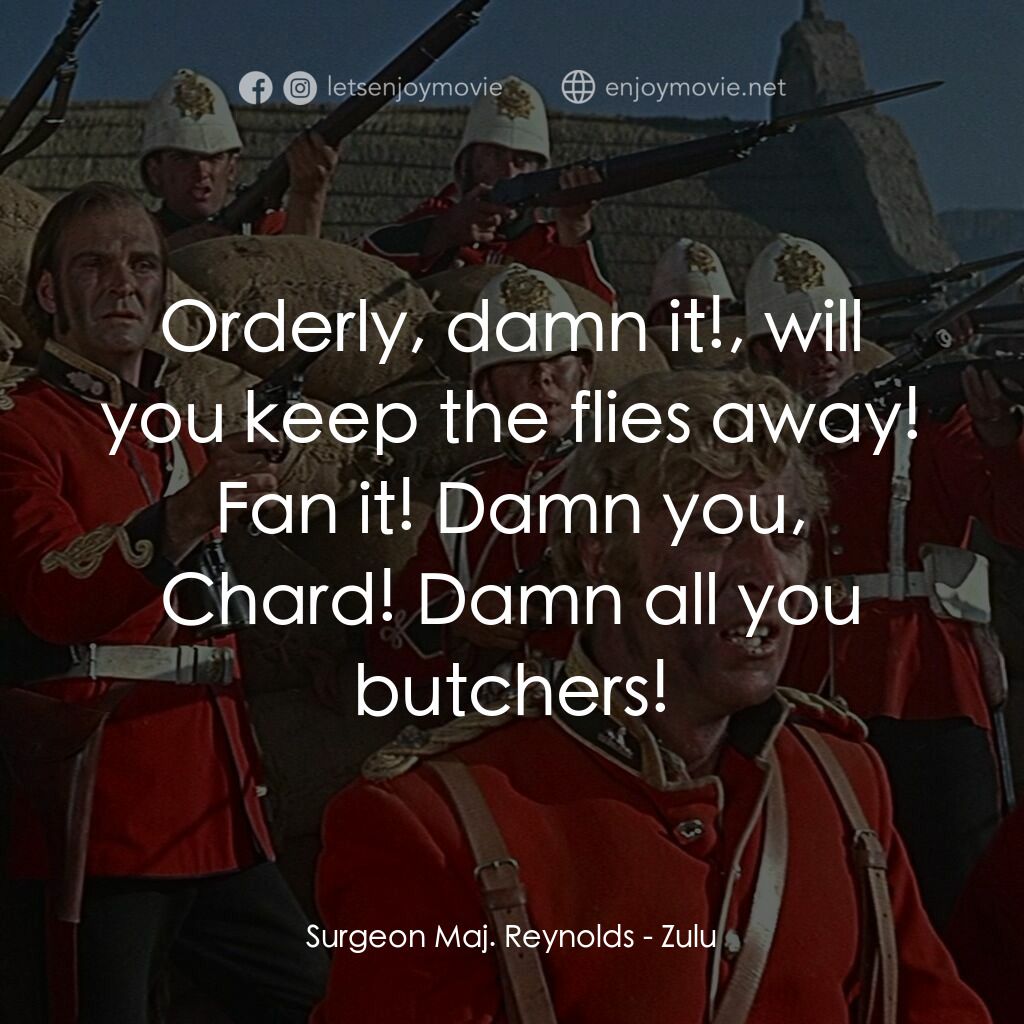 祖魯戰士電影對白：Surgeon Maj. Reynolds:  Orderly, damn it!, will you keep the flies away! Fan it! 