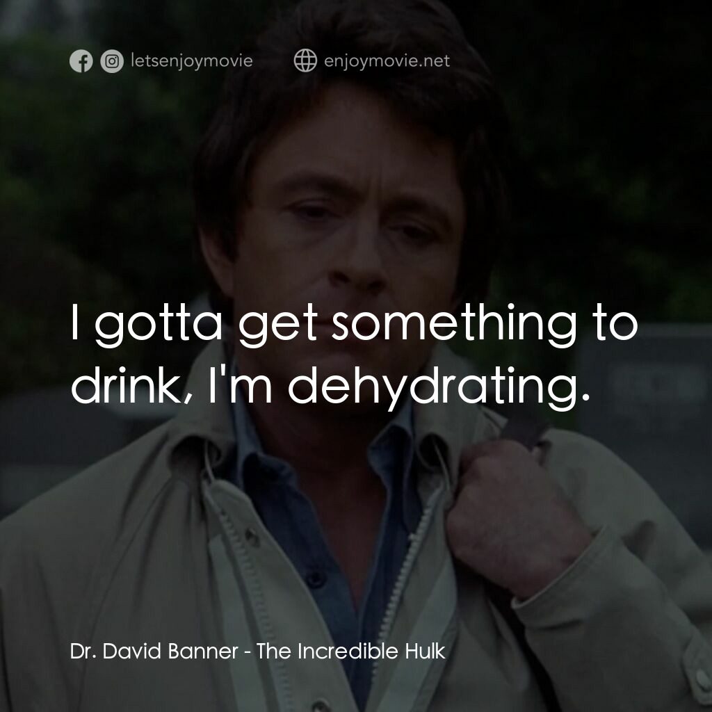 浩克：英雄將起電影對白：Dr. David Banner:  I gotta get something to drink, I'm dehydrating.