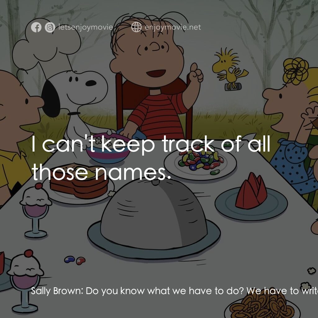 查理布朗的感恩節電影對白：Sally Brown:  Do you know what we have to do? We have to write an essay on Stanle