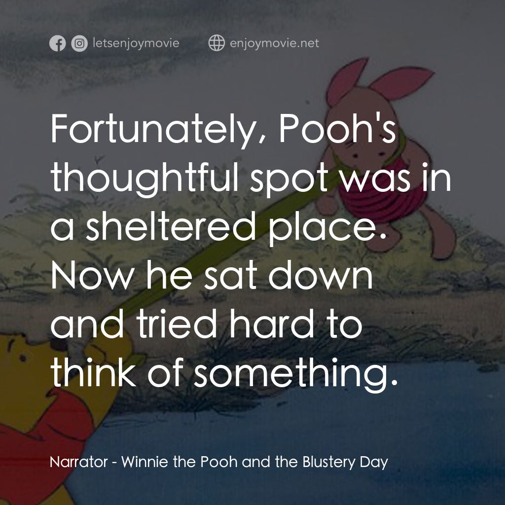 小熊維尼與大風吹電影對白：Narrator: Fortunately, Pooh's thoughtful spot was in a sheltered place. Now he sa