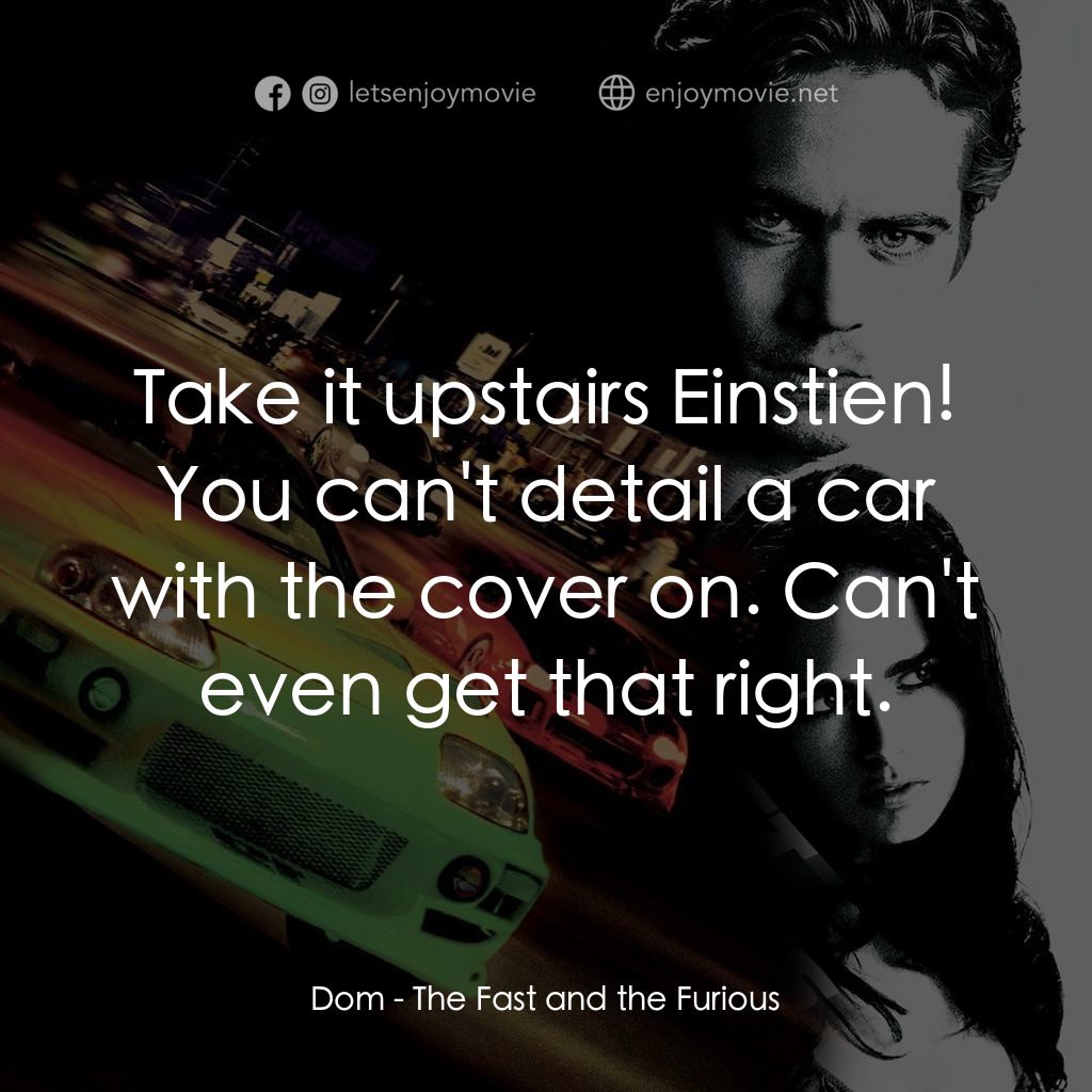 玩命關頭電影對白：Dom: Take it upstairs Einstien! You can't detail a car with the cover on. Can't e