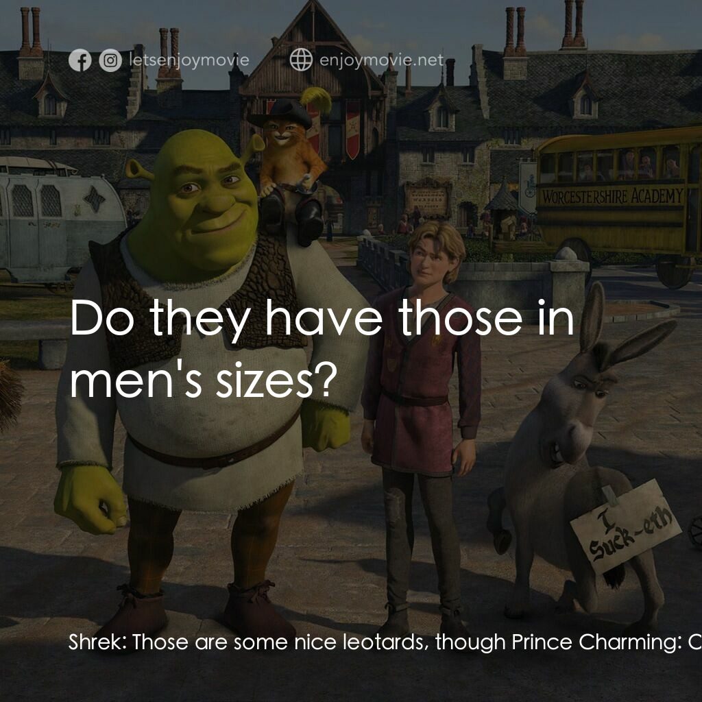 史力加3電影對白：Shrek:  Those are some nice leotards, though Prince Charming:  Oh, thank you. Shr