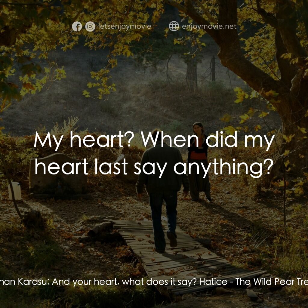 野梨樹電影對白：Sinan Karasu:  And your heart, what does it say? Hatice:  My heart? When did my h