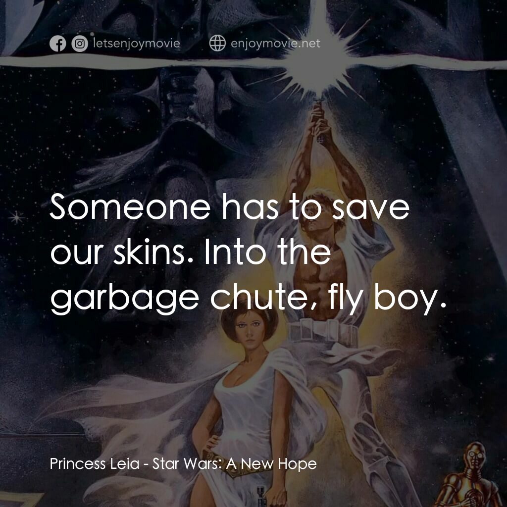 星球大戰四部曲：新的希望電影對白：Princess Leia:  Someone has to save our skins. Into the garbage chute, fly boy.