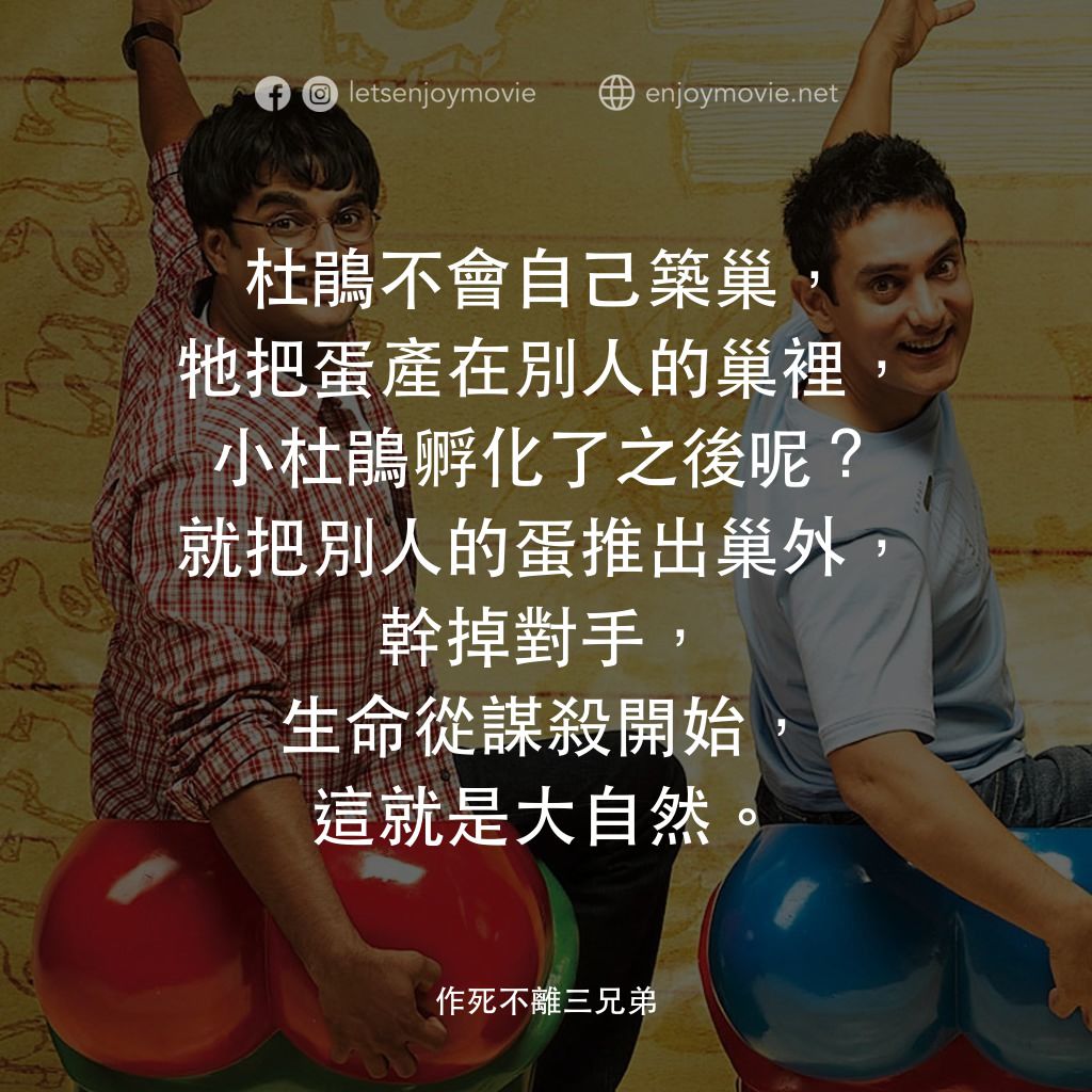 作死不離三兄弟電影對白：杜鵑不會自己築巢，牠把蛋產在別人的巢裡，小杜鵑孵化了之後呢？就把別人的蛋推出巢外，幹掉對手，生命從謀殺開始，這就是大自然。