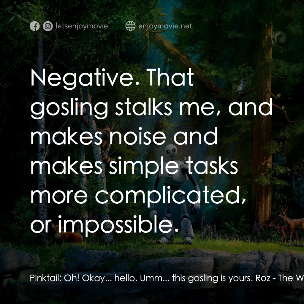 荒野機械人電影對白：Pinktail:  Oh! Okay... hello. Umm... this gosling is yours. Roz:  Negative. That 