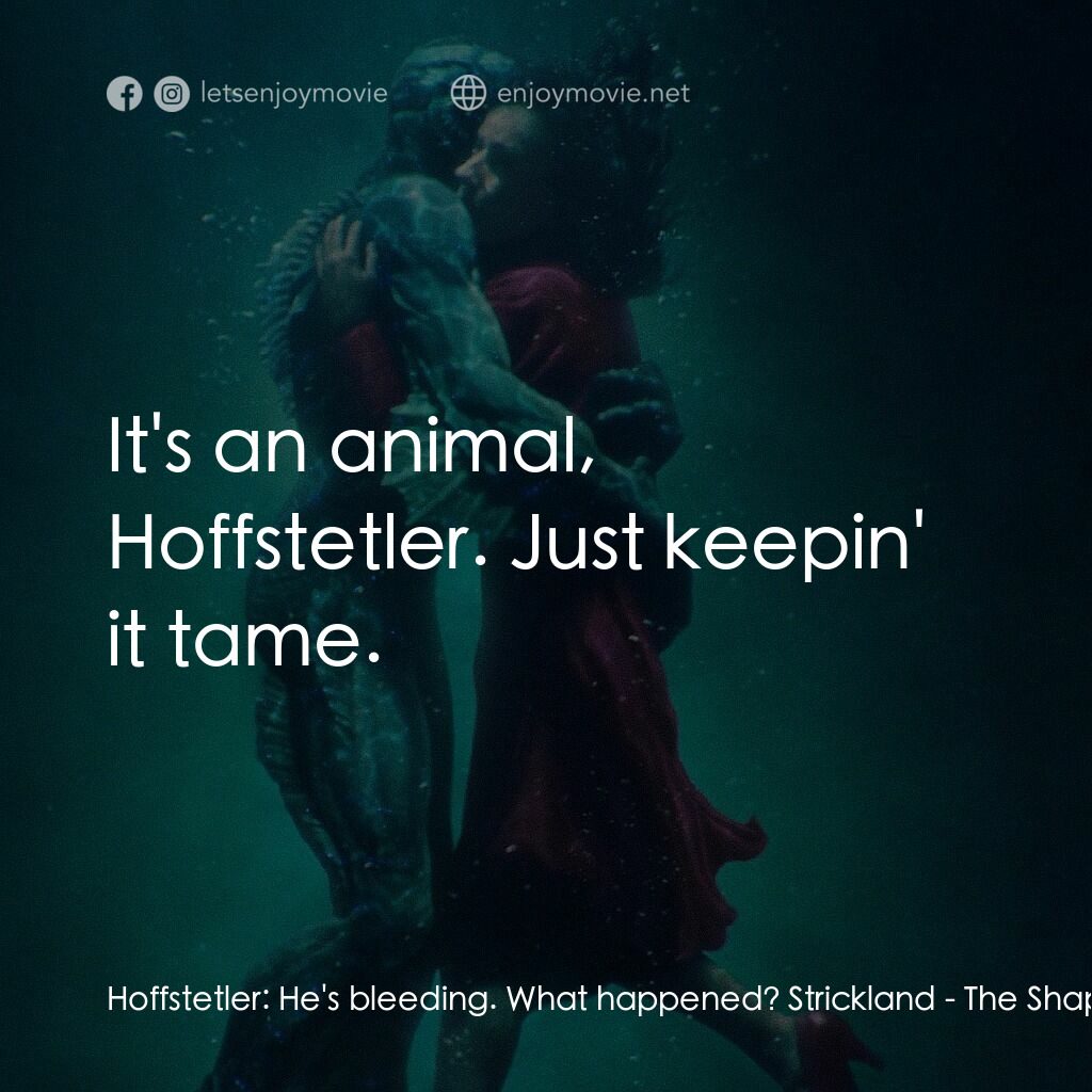 忘形水電影對白：Hoffstetler:  He's bleeding. What happened? Strickland:  It's an animal, Hoffstet
