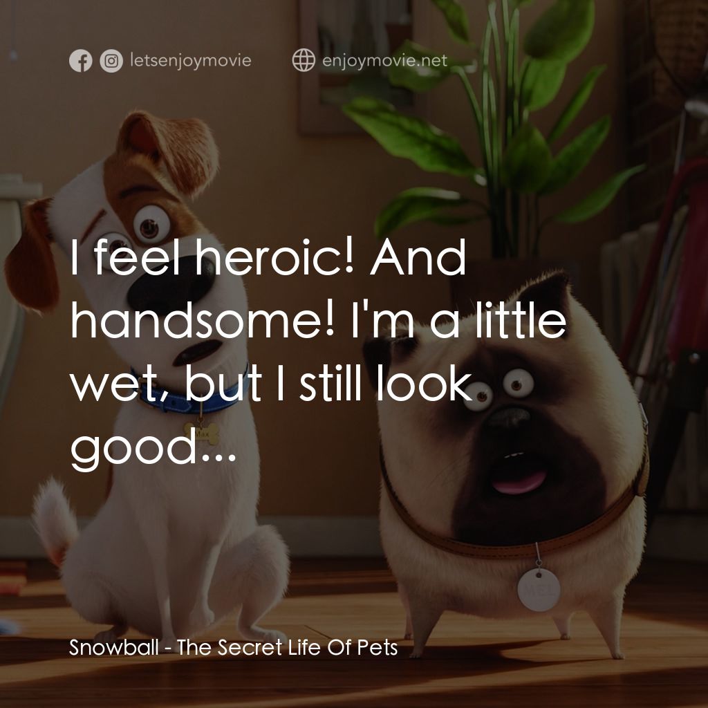 寵物當家電影對白：Snowball: I feel heroic! And handsome! I'm a little wet, but I still look good...