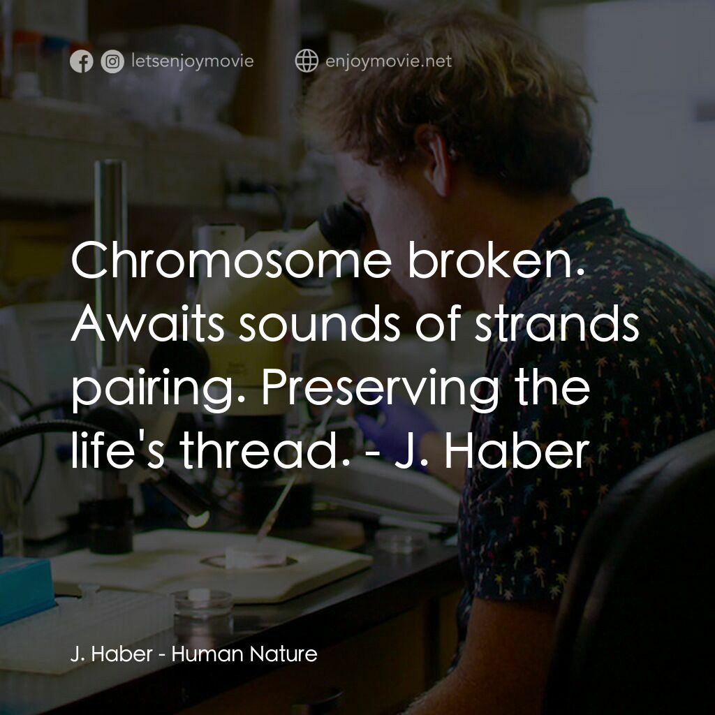 組裝人性電影對白：J. Haber:  Chromosome broken. Awaits sounds of strands pairing. Preserving the li