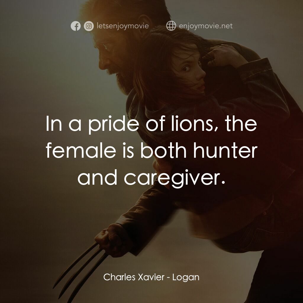 盧根電影對白：Charles Xavier:  In a pride of lions, the female is both hunter and caregiver.