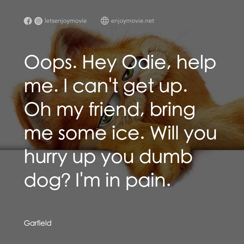 加菲貓電影對白：Oops. Hey Odie, help me. I can't get up. Oh my friend, bring me some ice. Will yo