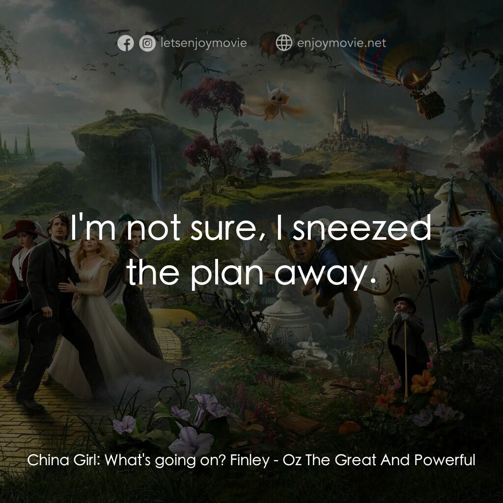 魔境仙踪電影對白：China Girl:  What's going on? Finley:  I'm not sure, I sneezed the plan away.