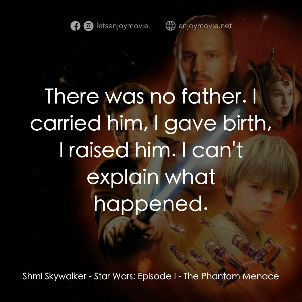 星球大戰前傳：魅影危機電影對白：Shmi Skywalker:  There was no father. I carried him, I gave birth, I raised him. 