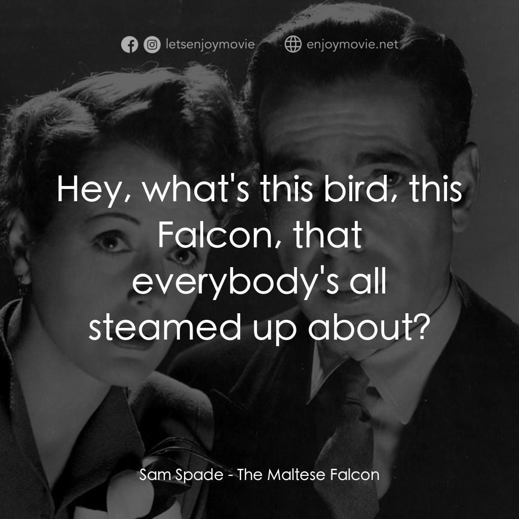 群雄奪寶鷹電影對白：Sam Spade: Hey, what's this bird, this Falcon, that everybody's all steamed up ab