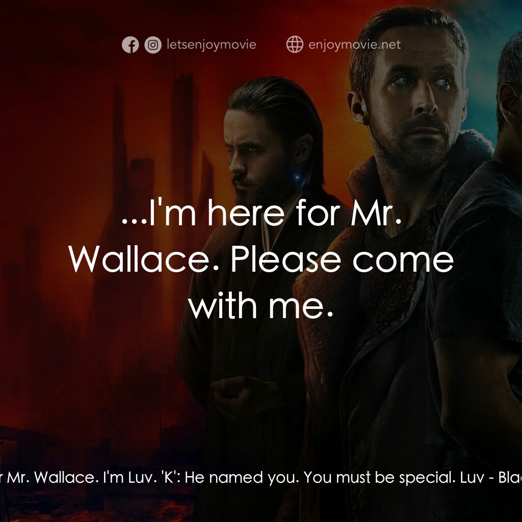銀翼殺手2049電影對白：Luv:  I'm here for Mr. Wallace. I'm Luv. 'K':  He named you. You must be special.