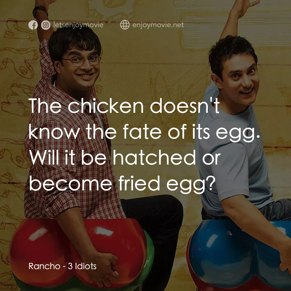 作死不離三兄弟經典對白：Rancho: The chicken doesn't know the fate of its egg. Will it be hatched or become fried egg?