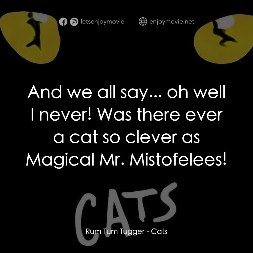 貓經典對白：Rum Tum Tugger: And we all say... oh well I never! Was there ever a cat so clever as Magical Mr. Mist