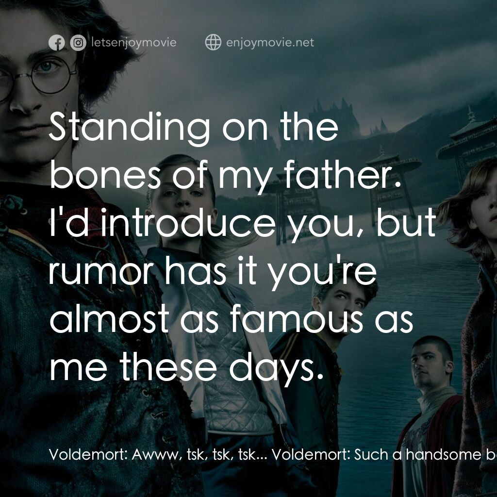 哈利波特：火盃的考驗電影對白：Voldemort:  Awww, tsk, tsk, tsk... Voldemort:  Such a handsome boy. Harry:  Don't