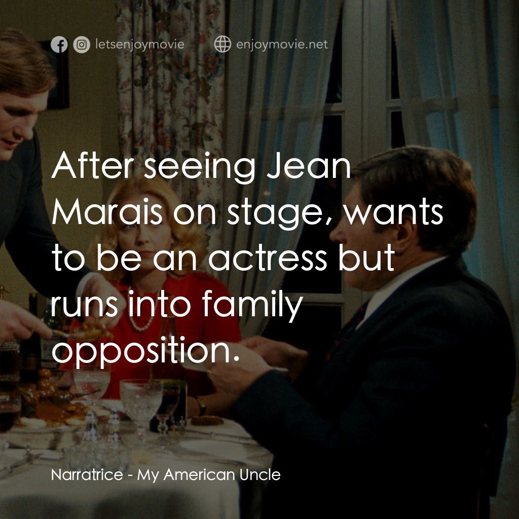 我的美國舅舅電影對白：Narratrice: After seeing Jean Marais on stage, wants to be an actress but runs in