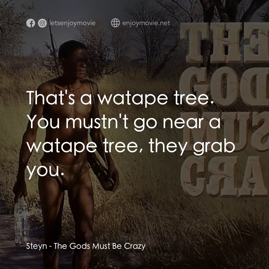 上帝也瘋狂電影對白：Steyn: That's a watape tree. You mustn't go near a watape tree, they grab you.