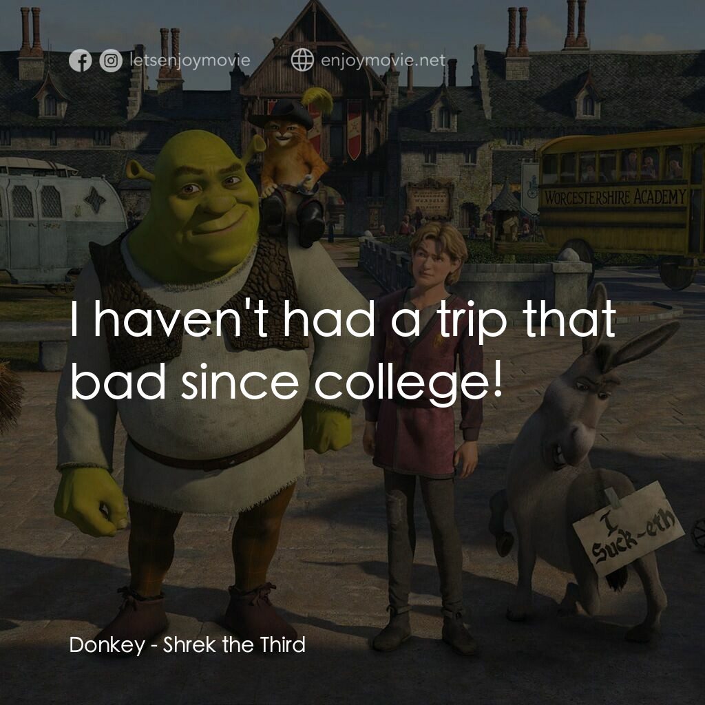 史力加3電影對白：Donkey:  I haven't had a trip that bad since college!