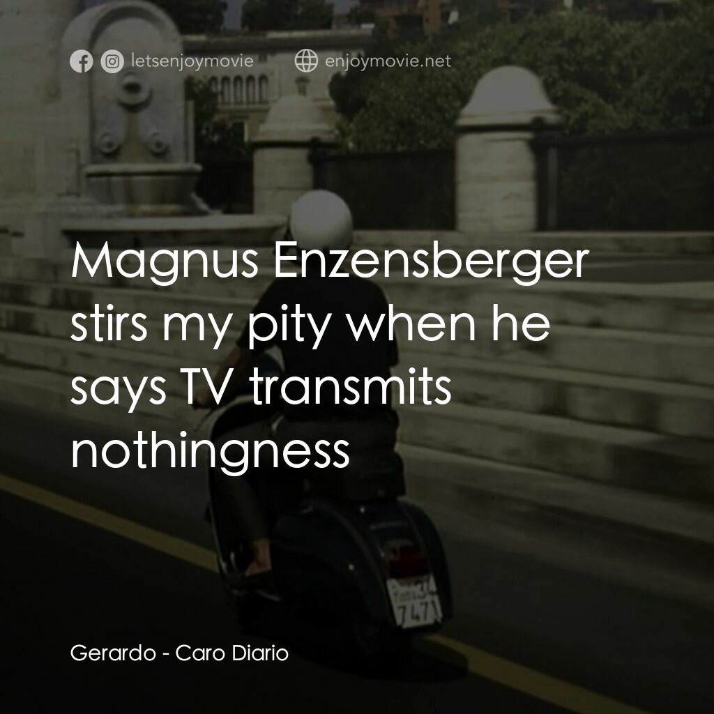 Dear Diary電影對白：Gerardo:  Magnus Enzensberger stirs my pity when he says TV transmits nothingness